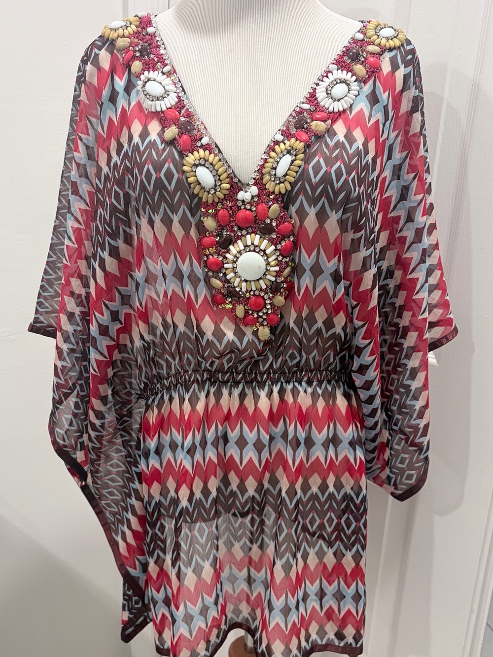 Boston Proper Coral, Brown & Cream Beaded V-Neck Sheer Tunic